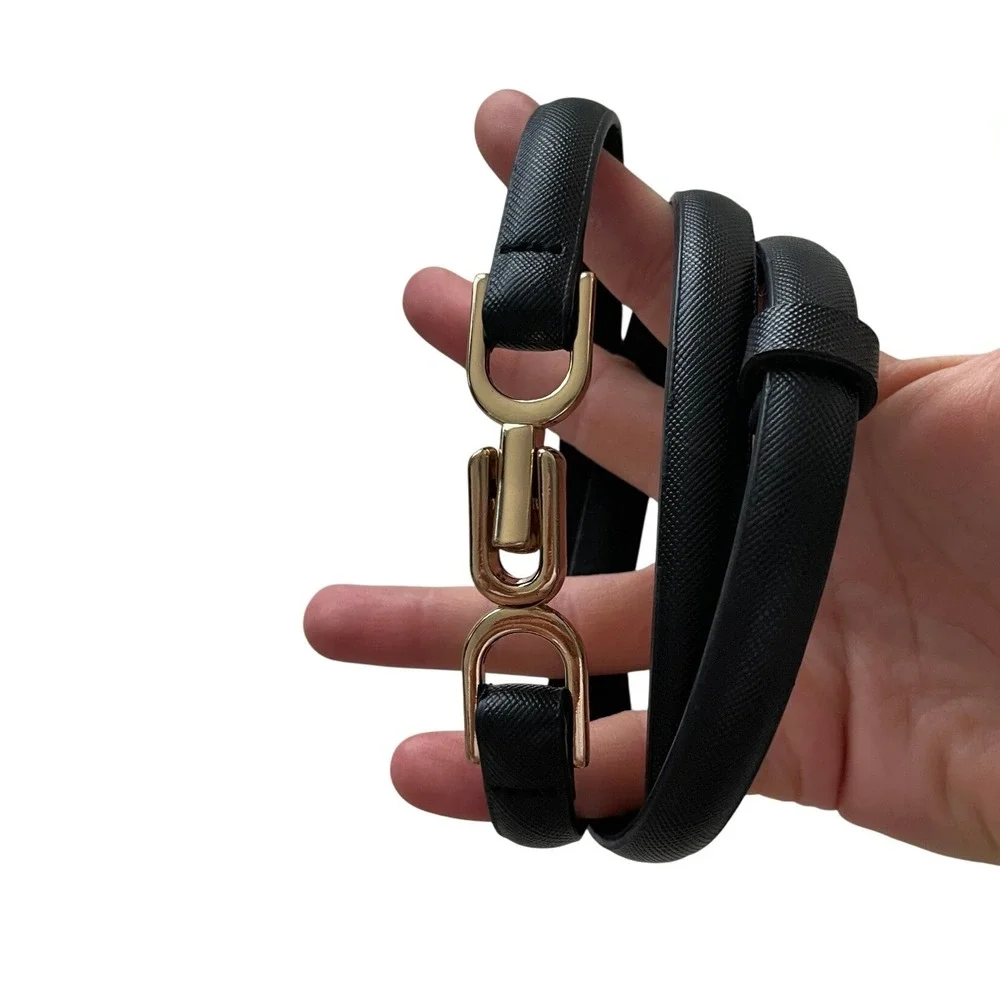 Black Saffiano Skinny Belt Gold Interlocking Clasp Adjustable Waist Belt